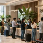 Experience booking hotels easily with ROKOK88 at a vibrant Jakarta Barat hotel reception.