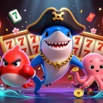 Engaging online casino scene with a cartoon pirate shark, pufferfish, and octopus surrounded by festive game elements.