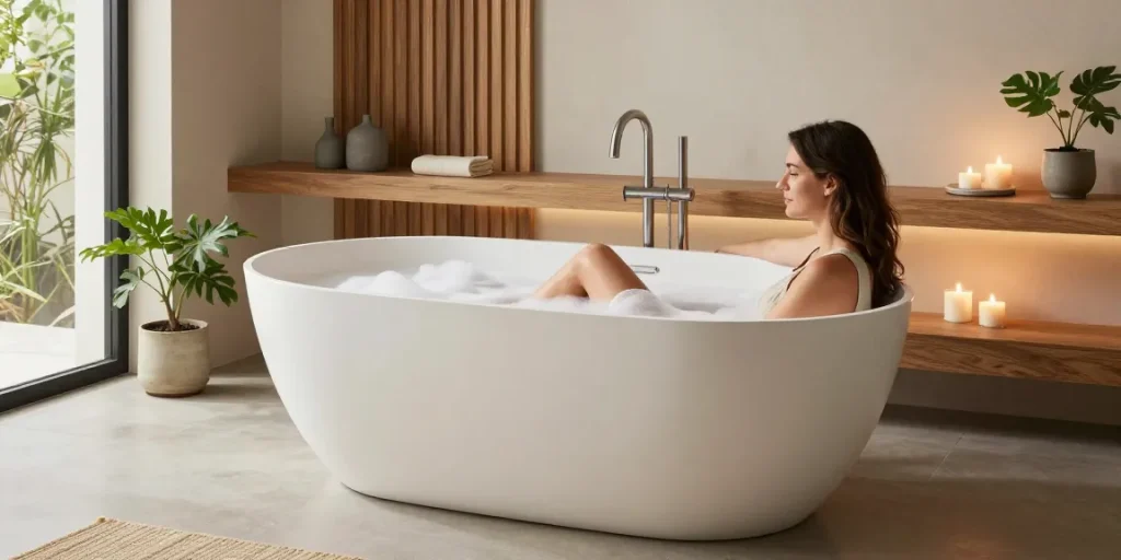 Luxurious KKR solid surface freestanding bathtub in modern bathroom with natural lighting and elegant decor.