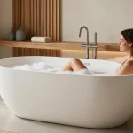 Luxurious KKR solid surface freestanding bathtub in modern bathroom with natural lighting and elegant decor.