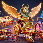 Engage with nhacaibetuytin through a vibrant casino world featuring a golden scarab and slot elements.