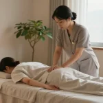 Relaxing 영등포출장마사지 scene with a Korean therapist in a calming home environment.