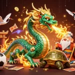 Engage in thrilling sports betting on soikeo with dynamic 3D illustration featuring a dragon and turtle sage.